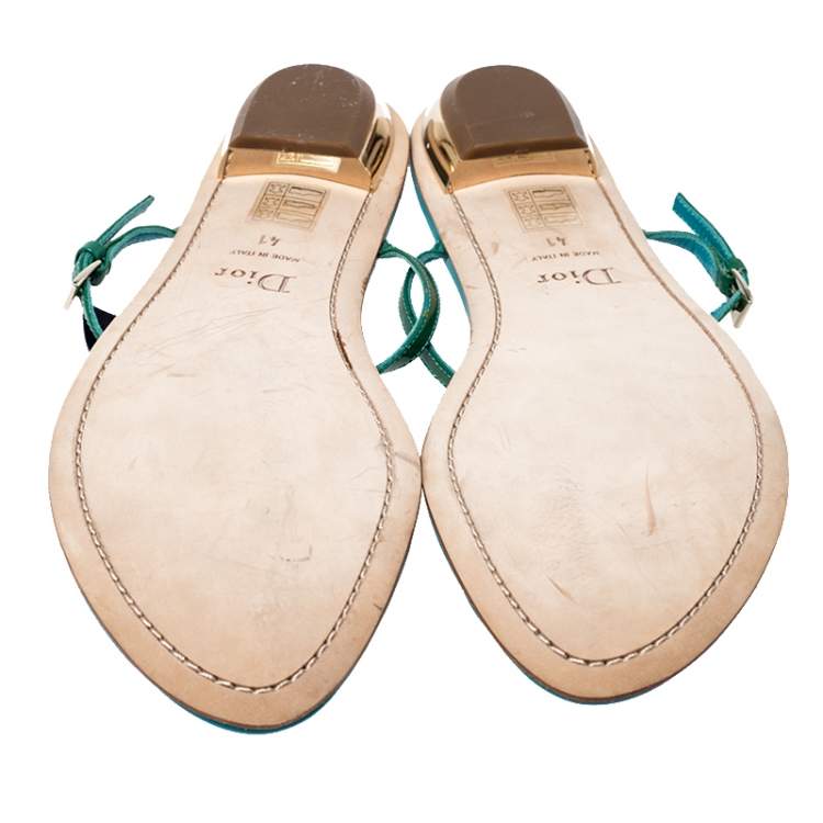 Pre Owned Dior Green Patent Leather Flower Applique Flat Sandals Size 41
