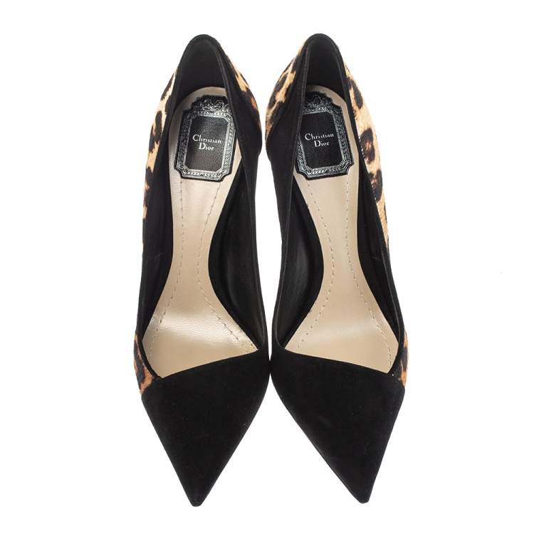 Pre Owned Dior Black/Brown Leopard Print Calfhair and Suede Songe Pointed Toe Pumps Size 38.5