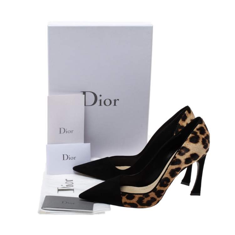 Pre Owned Dior Black/Brown Leopard Print Calfhair and Suede Songe Pointed Toe Pumps Size 38.5