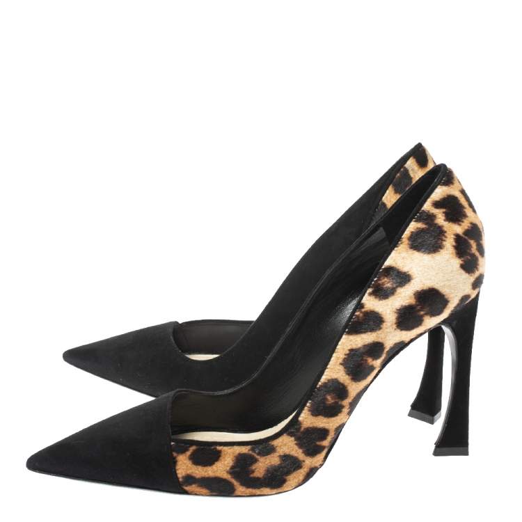 Pre Owned Dior Black/Brown Leopard Print Calfhair and Suede Songe Pointed Toe Pumps Size 38.5