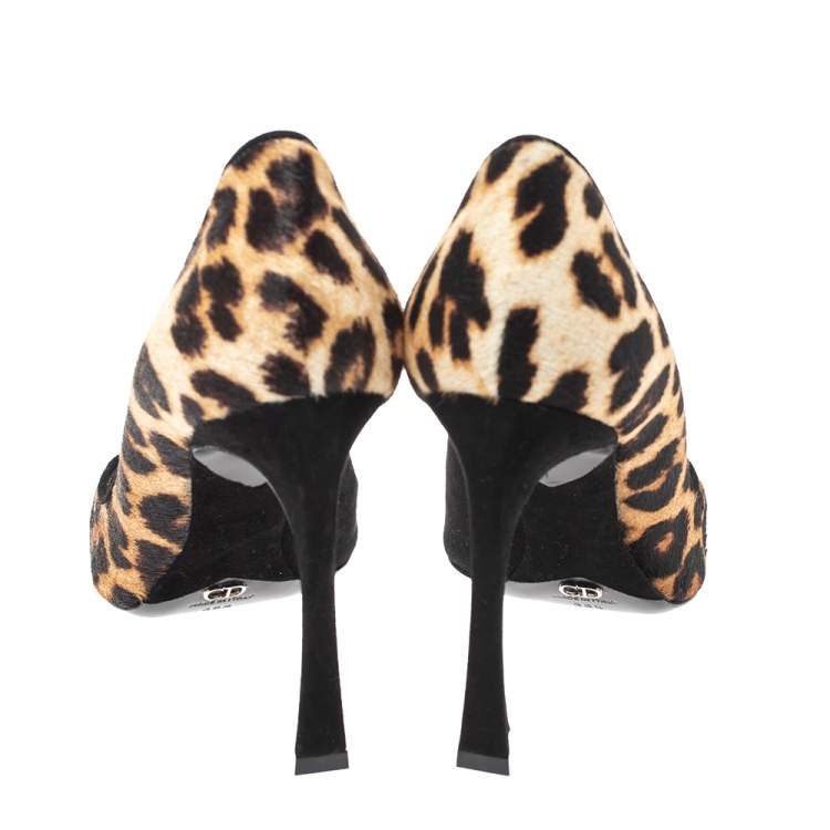 Pre Owned Dior Black/Brown Leopard Print Calfhair and Suede Songe Pointed Toe Pumps Size 38.5