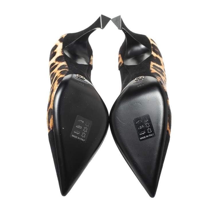 Pre Owned Dior Black/Brown Leopard Print Calfhair and Suede Songe Pointed Toe Pumps Size 38.5