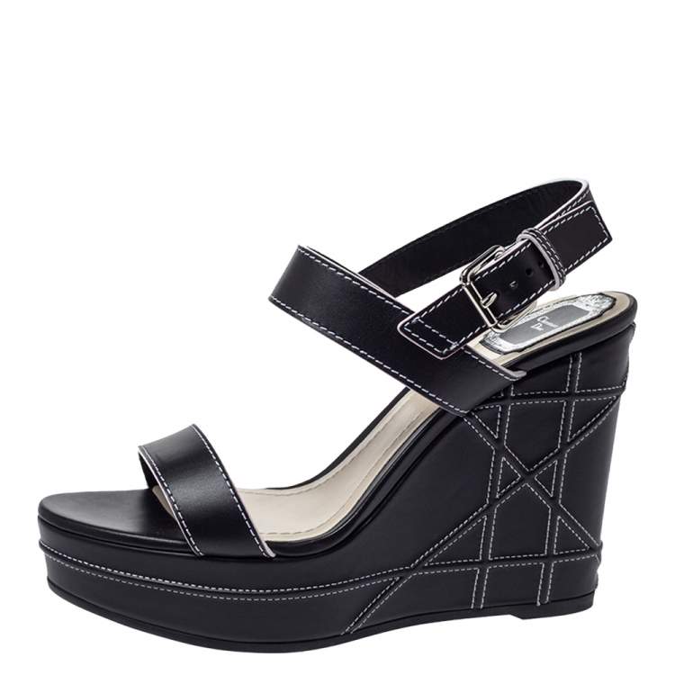 Pre Owned Dior Black Leather Wedge Platform Ankle Strap Sandals Size 41