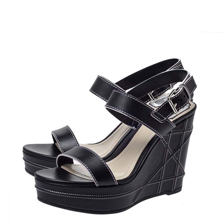Pre Owned Dior Black Leather Wedge Platform Ankle Strap Sandals Size 41
