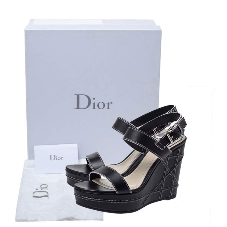 Pre Owned Dior Black Leather Wedge Platform Ankle Strap Sandals Size 41