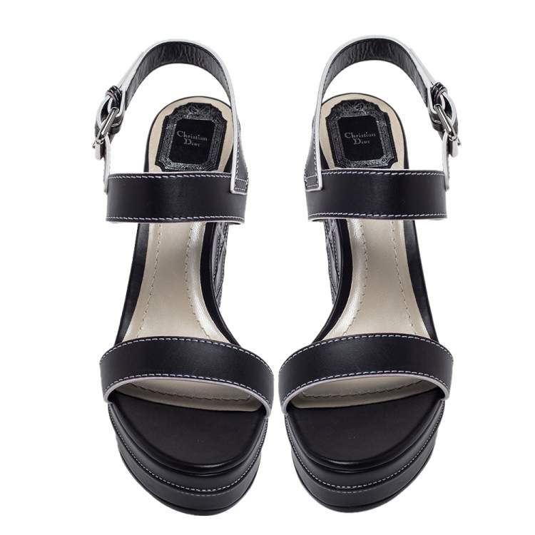 Pre Owned Dior Black Leather Wedge Platform Ankle Strap Sandals Size 41