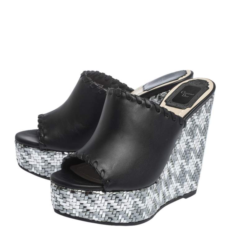 Pre Owned Dior Black Leather Wedge Open Toe Platform Sandals Size 37
