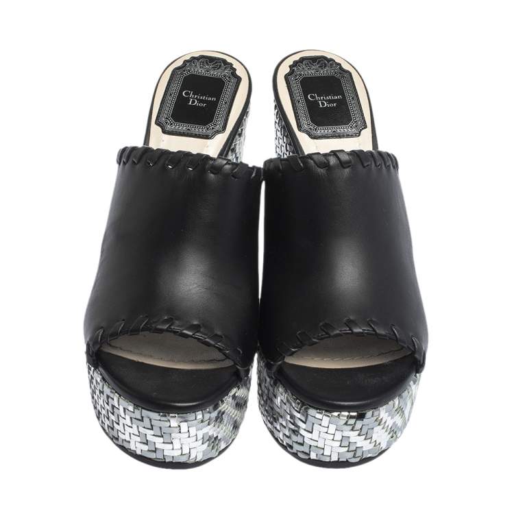 Pre Owned Dior Black Leather Wedge Open Toe Platform Sandals Size 37