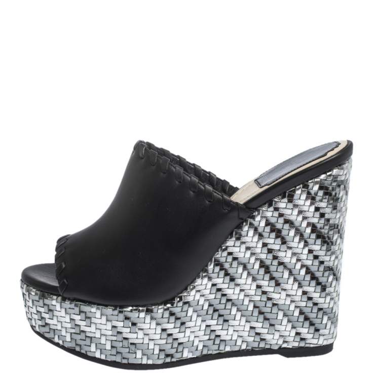 Pre Owned Dior Black Leather Wedge Open Toe Platform Sandals Size 37