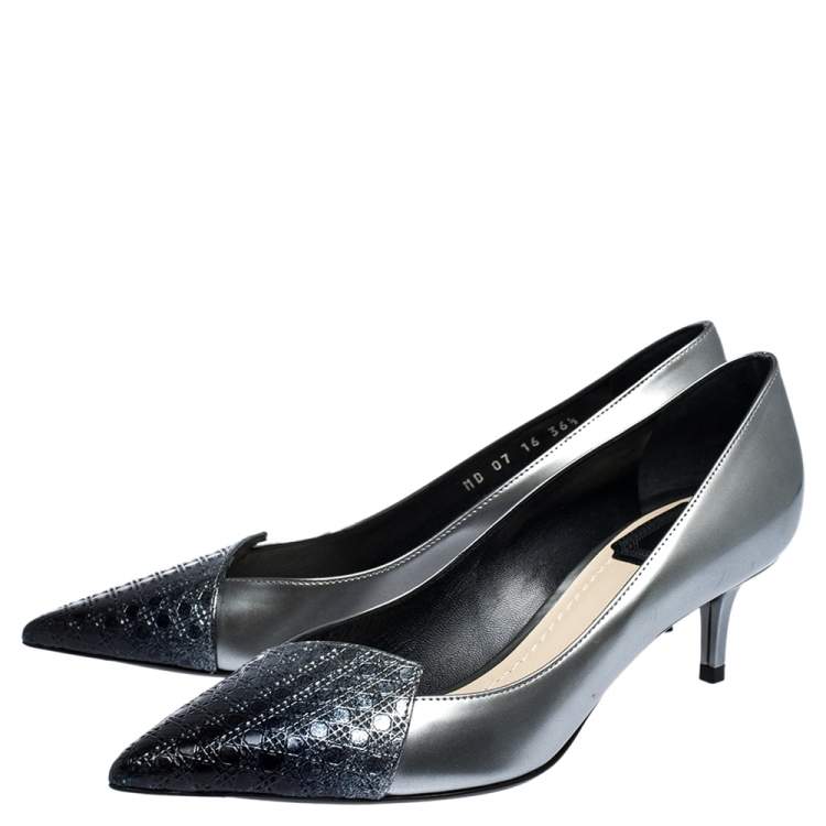 Pre Owned  Dior Metallic Silver/Blue Leather Cannage Cap Spade Pumps Size 36.5