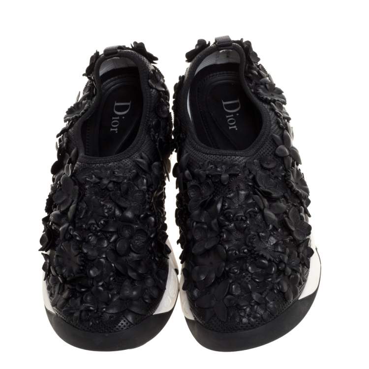 Pre Owned Dior Black Leather Fusion Floral Applique Sneakers Size 37