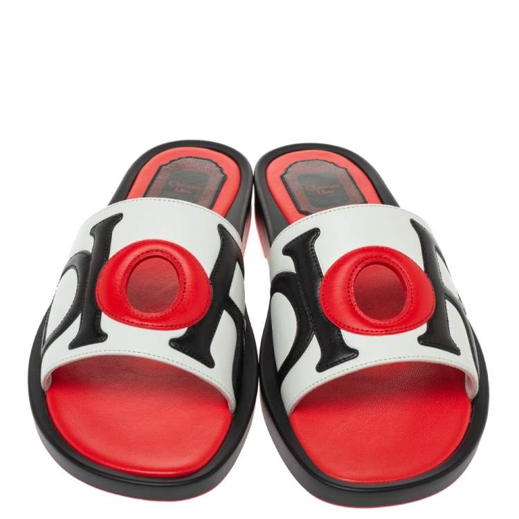 Pre Owned Dior Tri Color Leather Marina Flat Slides Size 39