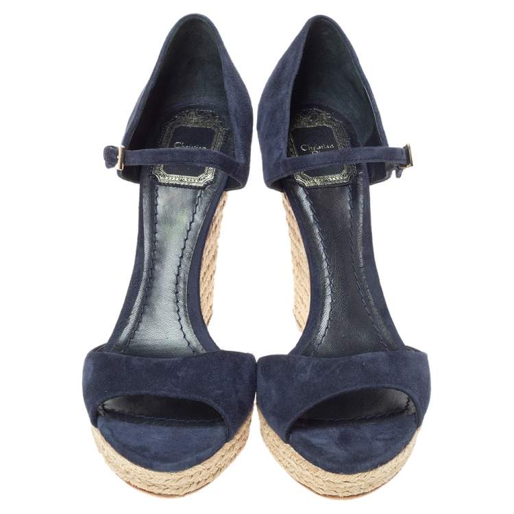 Pre Owned Dior Blue Suede Espadrille Platform Wedge Open Toe Ankle Strap Sandals  Size 39