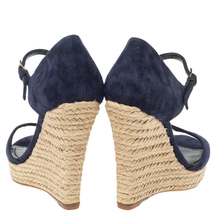 Pre Owned Dior Blue Suede Espadrille Platform Wedge Open Toe Ankle Strap Sandals  Size 39