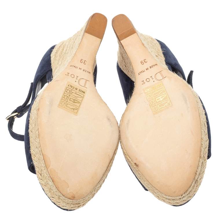 Pre Owned Dior Blue Suede Espadrille Platform Wedge Open Toe Ankle Strap Sandals  Size 39