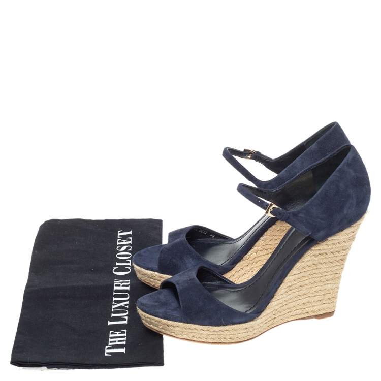 Pre Owned Dior Blue Suede Espadrille Platform Wedge Open Toe Ankle Strap Sandals  Size 39