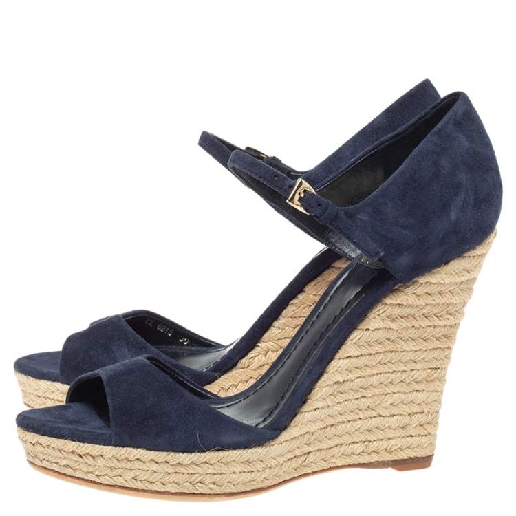 Pre Owned Dior Blue Suede Espadrille Platform Wedge Open Toe Ankle Strap Sandals  Size 39