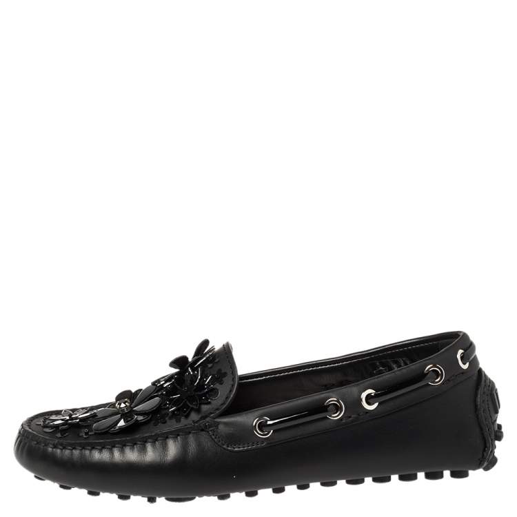 Pre Owned Dior Black Leather Drive Me Floral Embellished Loafers Size 35