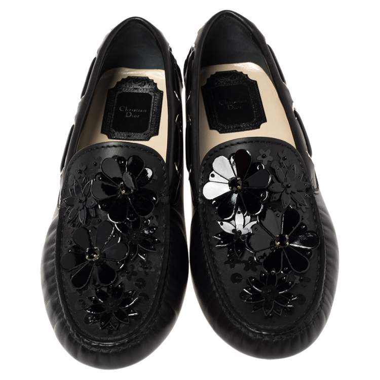 Pre Owned Dior Black Leather Drive Me Floral Embellished Loafers Size 35