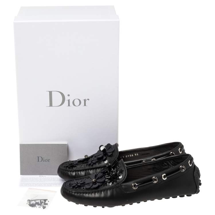Pre Owned Dior Black Leather Drive Me Floral Embellished Loafers Size 35