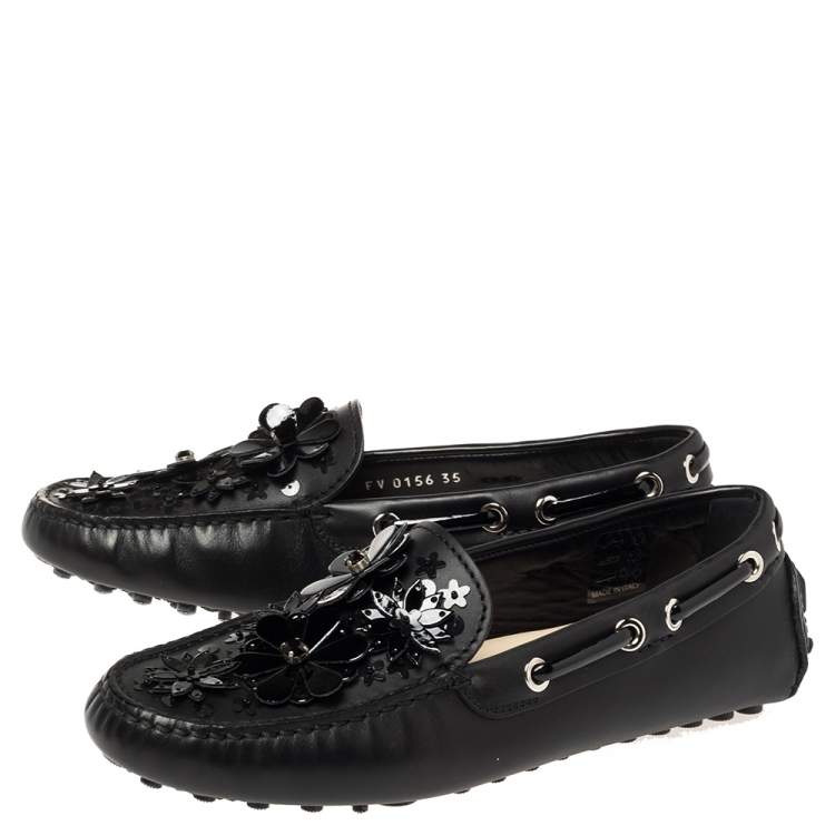 Pre Owned Dior Black Leather Drive Me Floral Embellished Loafers Size 35