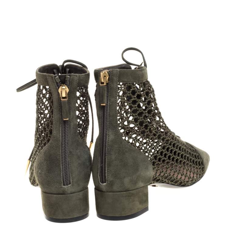 Pre Owned Dior Khaki Green Suede and Resille Fabric Naughtily-D Ankle Boots Size 37