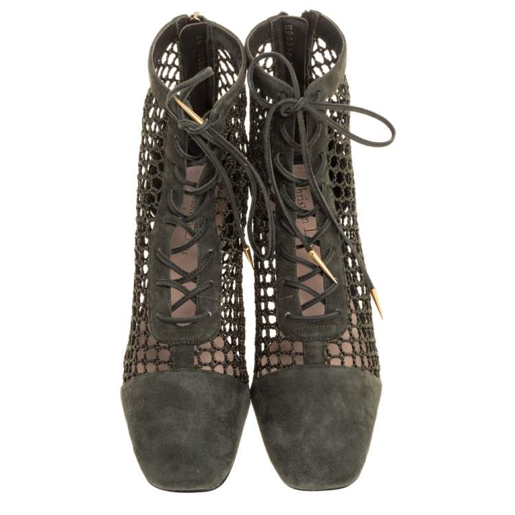 Pre Owned Dior Khaki Green Suede and Resille Fabric Naughtily-D Ankle Boots Size 37