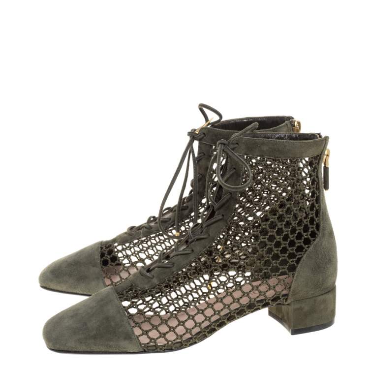 Pre Owned Dior Khaki Green Suede and Resille Fabric Naughtily-D Ankle Boots Size 37