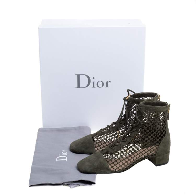Pre Owned Dior Khaki Green Suede and Resille Fabric Naughtily-D Ankle Boots Size 37