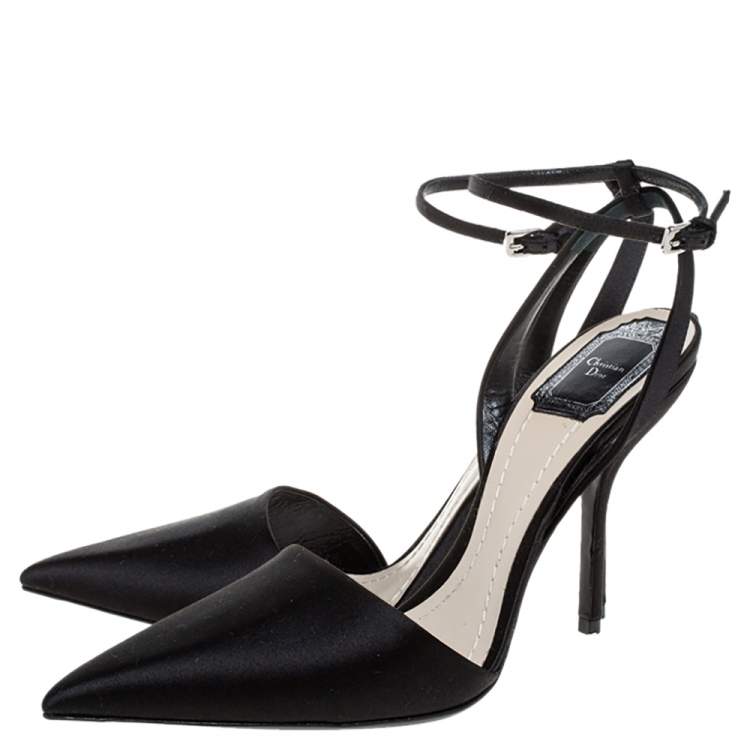 Pre Owned Dior Black Satin Ankle Strap Pointed Toe Sandals Size 39