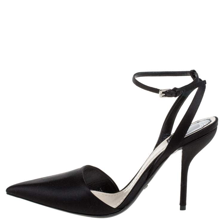 Pre Owned Dior Black Satin Ankle Strap Pointed Toe Sandals Size 39