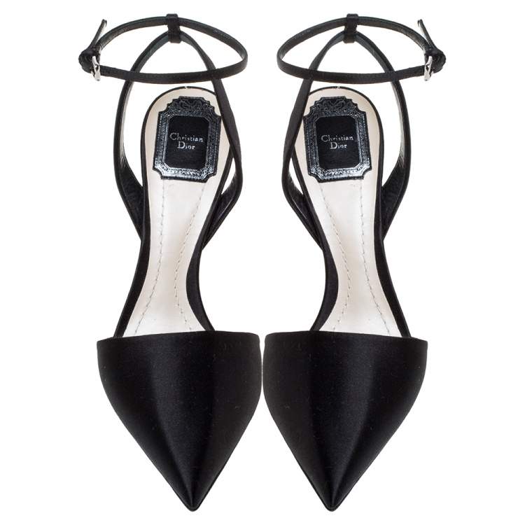 Pre Owned Dior Black Satin Ankle Strap Pointed Toe Sandals Size 39