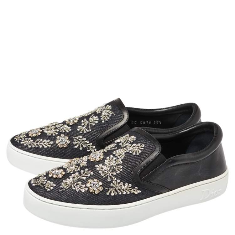 مملوكة مسبقًا Dior Indigo Crystal Embellished Dark Wash Denim And Leather Happy Slip On Sneakers Size 38.5