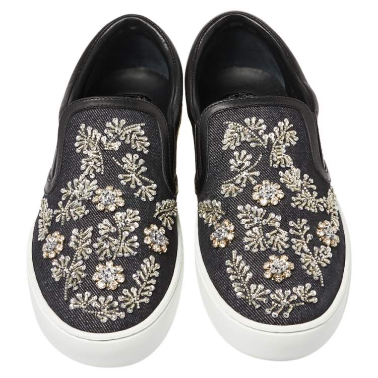 مملوكة مسبقًا Dior Indigo Crystal Embellished Dark Wash Denim And Leather Happy Slip On Sneakers Size 38.5