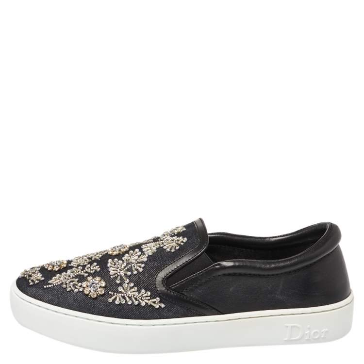 مملوكة مسبقًا Dior Indigo Crystal Embellished Dark Wash Denim And Leather Happy Slip On Sneakers Size 38.5