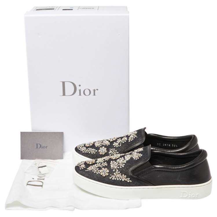 مملوكة مسبقًا Dior Indigo Crystal Embellished Dark Wash Denim And Leather Happy Slip On Sneakers Size 38.5