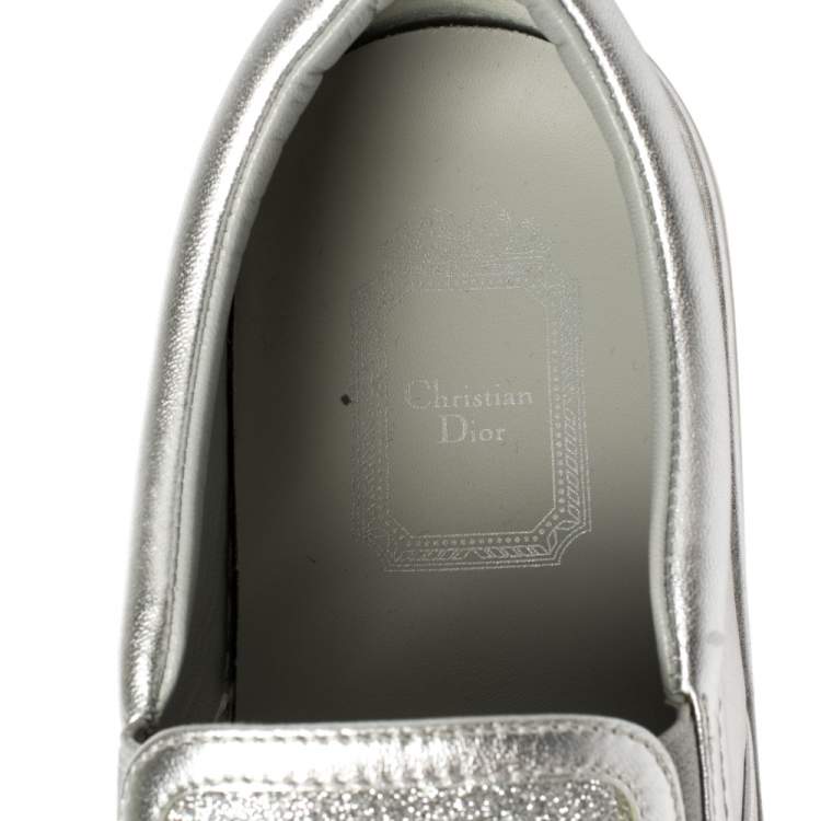 Pre Owned Dior Silver Leather and Glitter Dior Happy Floral Slip On Sneakers Size 36