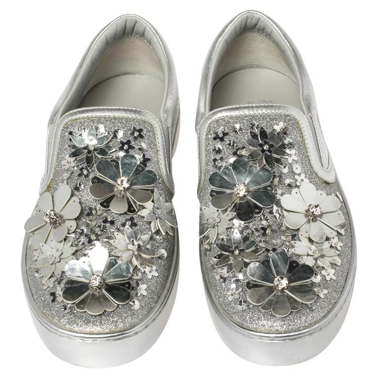 Pre Owned Dior Silver Leather and Glitter Dior Happy Floral Slip On Sneakers Size 36