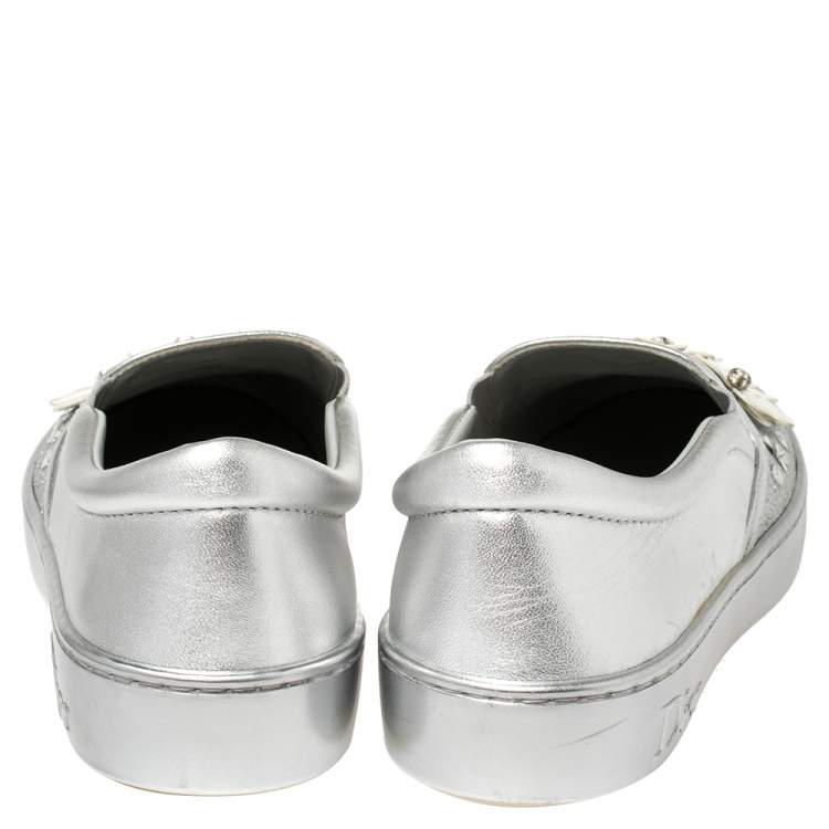 Pre Owned Dior Silver Leather and Glitter Dior Happy Floral Slip On Sneakers Size 36