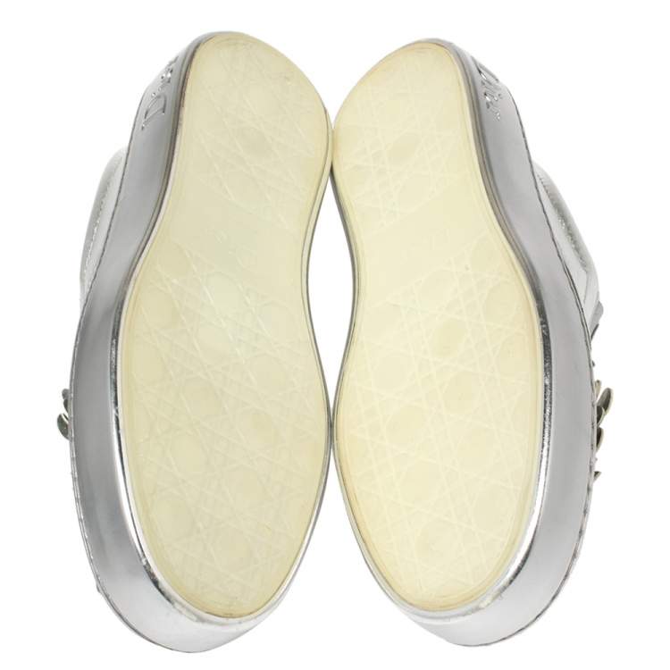 Pre Owned Dior Silver Leather and Glitter Dior Happy Floral Slip On Sneakers Size 36