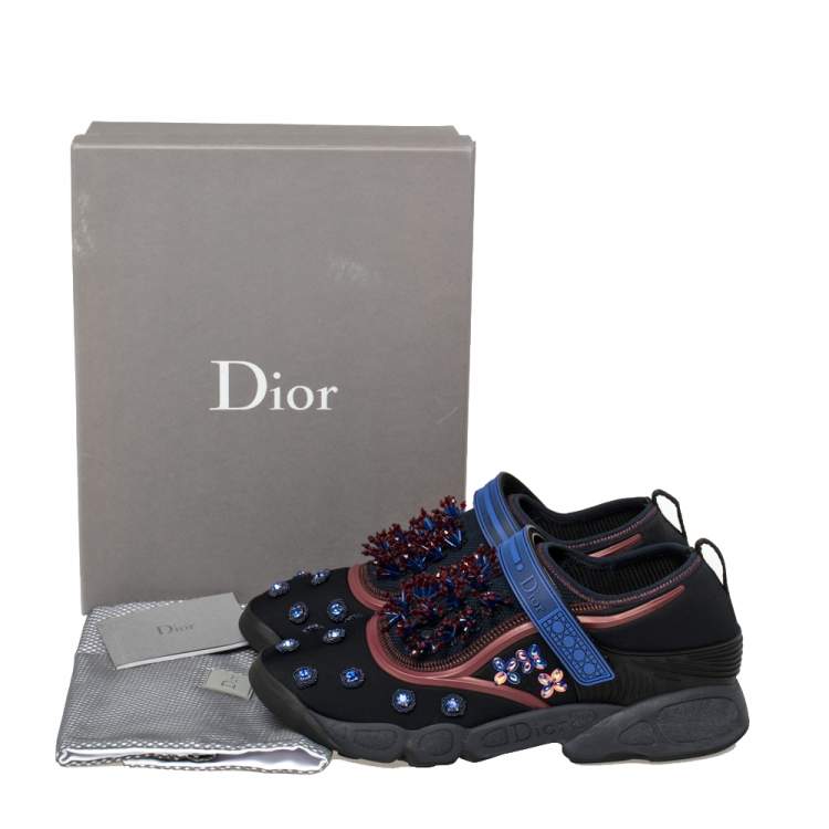 Pre Owned Dior Black/Blue Stretch Fabric Fusion Embellished Low Top Sneakers Size 41