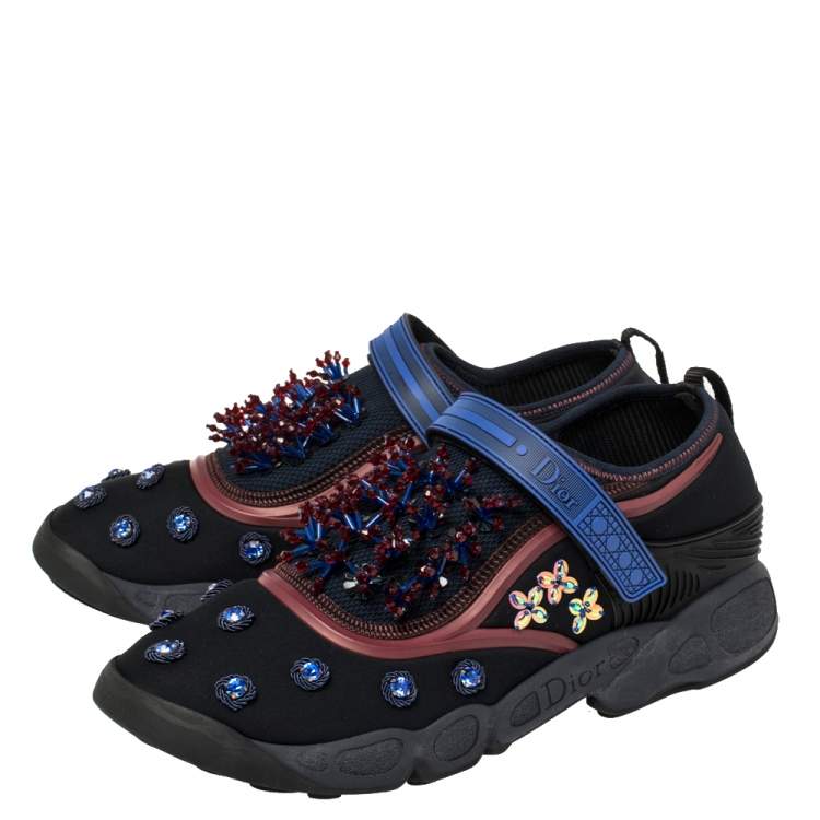 Pre Owned Dior Black/Blue Stretch Fabric Fusion Embellished Low Top Sneakers Size 41