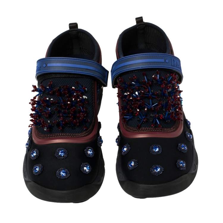 Pre Owned Dior Black/Blue Stretch Fabric Fusion Embellished Low Top Sneakers Size 41