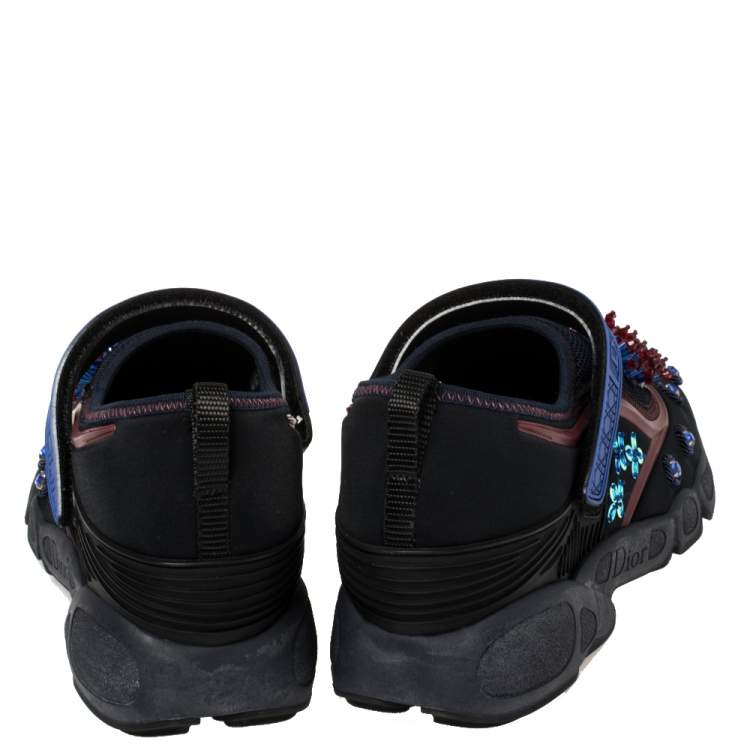 Pre Owned Dior Black/Blue Stretch Fabric Fusion Embellished Low Top Sneakers Size 41