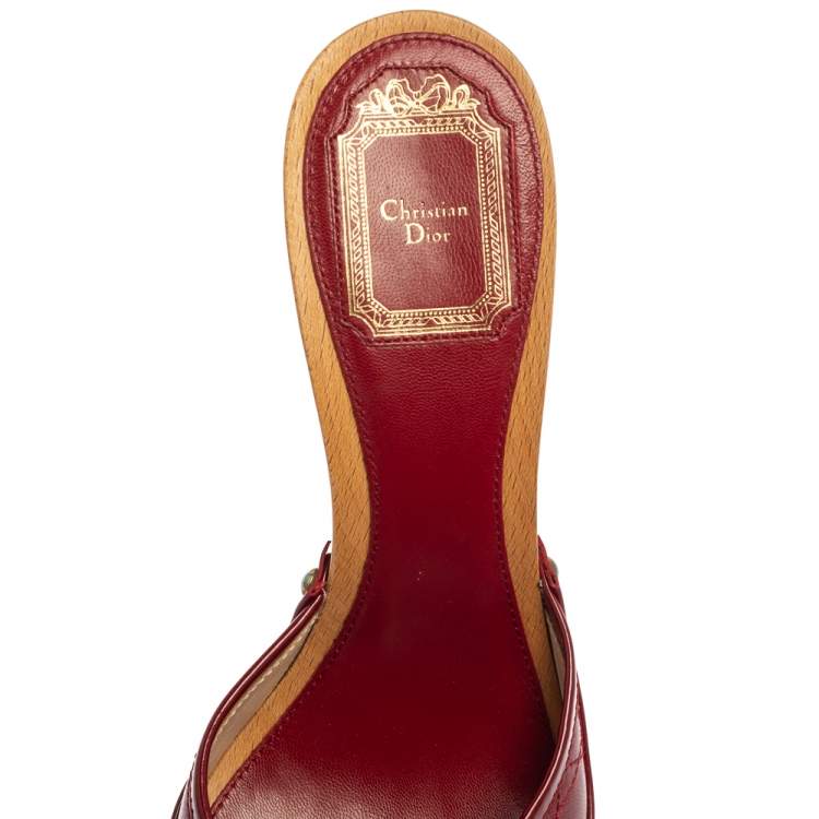 Pre Owned Dior Red  Leather And Patent Bow Wooden Slide Sandals Size 37.5