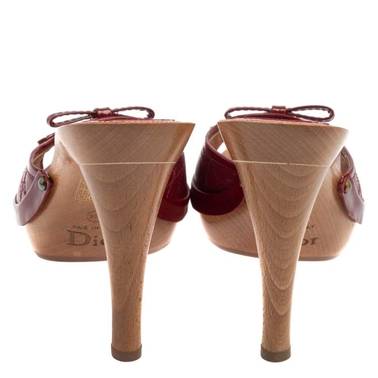 Pre Owned Dior Red  Leather And Patent Bow Wooden Slide Sandals Size 37.5