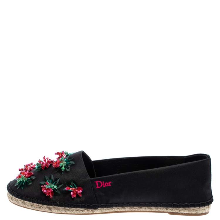 Pre Owned Dior Black Canvas Embellished Espadrille Flats Size 40.5