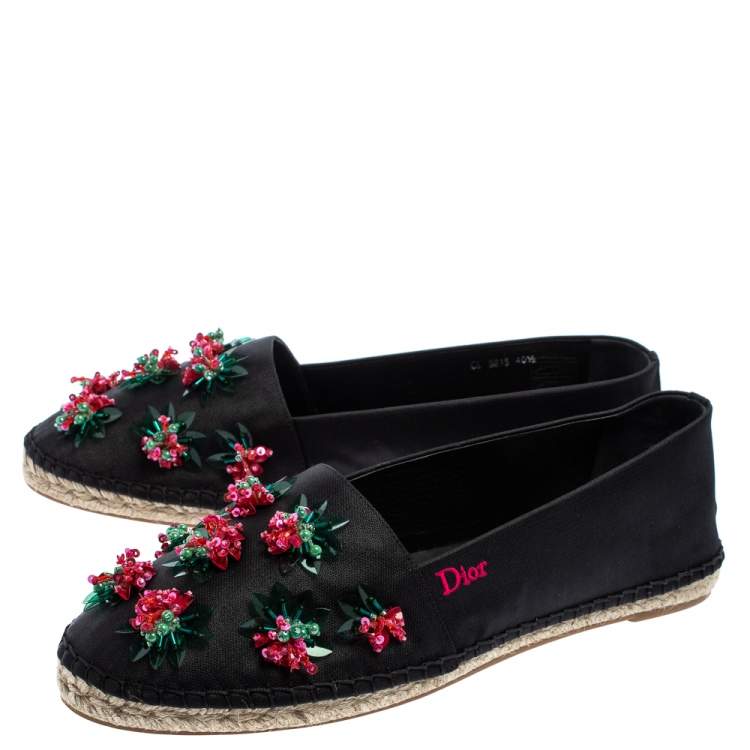 Pre Owned Dior Black Canvas Embellished Espadrille Flats Size 40.5