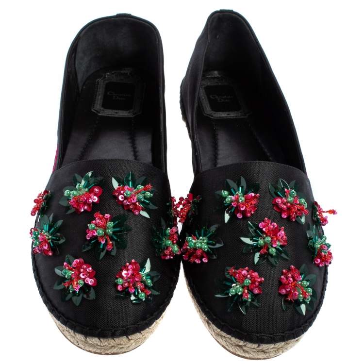 Pre Owned Dior Black Canvas Embellished Espadrille Flats Size 40.5