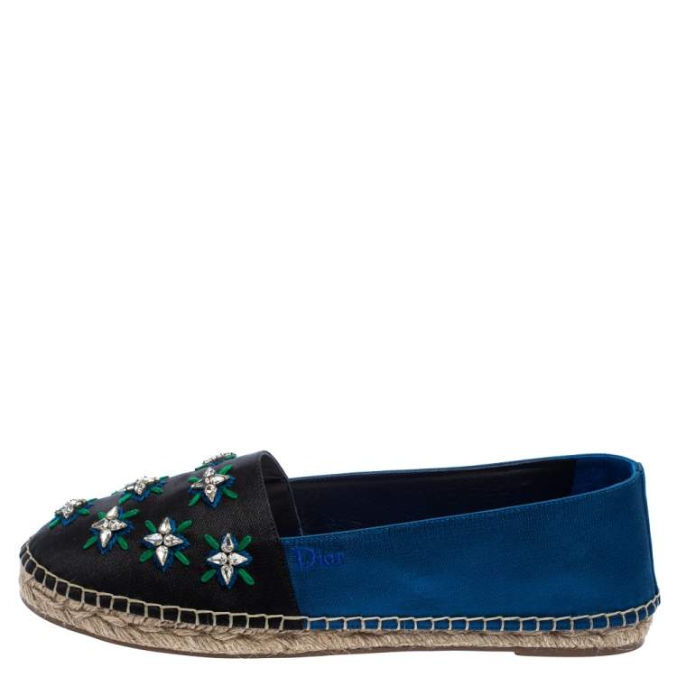 Pre Owned Dior Black/Blue Canvas Embellished Riviera Flat Espadrilles Size 40